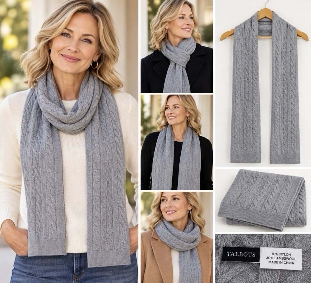 Talbots Gray Cable Knit Scarf Lambswool Blend 9x68 Winter Wrap NWT